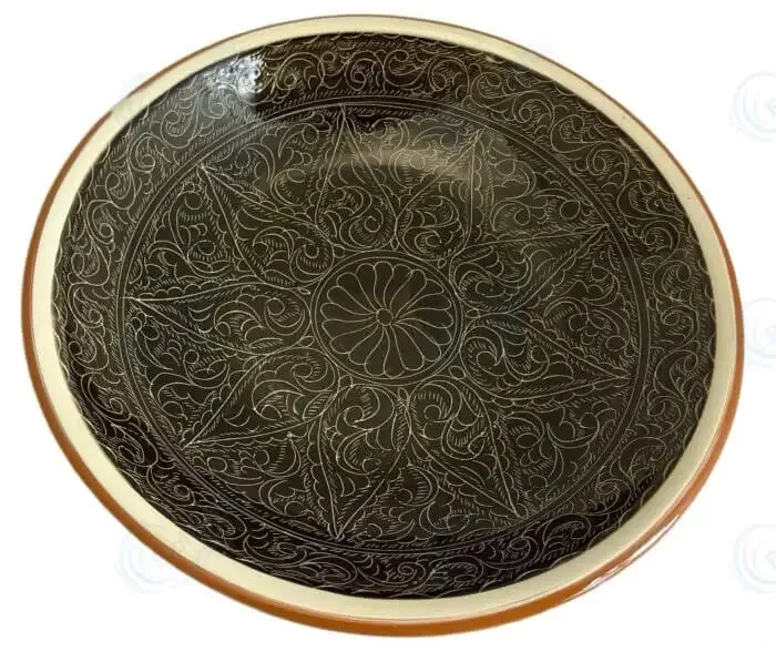 Uzbeku šķīvis Ljagan 34 cm – zaļš/brūns, dekoratīvs un dziļš
